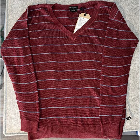 prAna Milani V-Neck Sweater Maroon stripe, Size Medium organic cotton - Picture 1 of 5